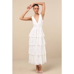NWT Lulus Ezzie White Lace Tiered Midi Dress Gala Banquet Engagement Classy Sz S